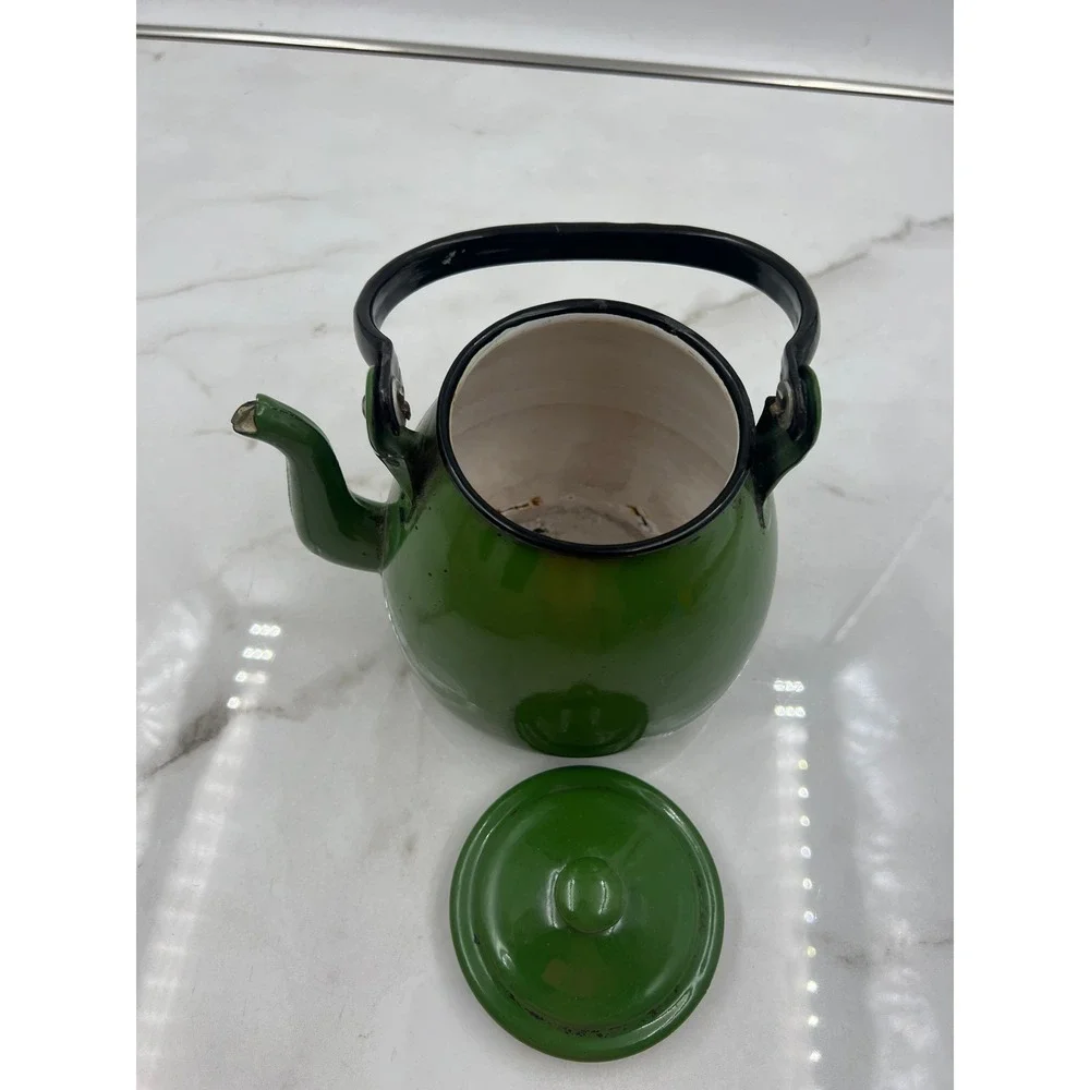 Vintage Green Enamel Teapot Made in Poland Rustic Farmhouse Decor Kettle